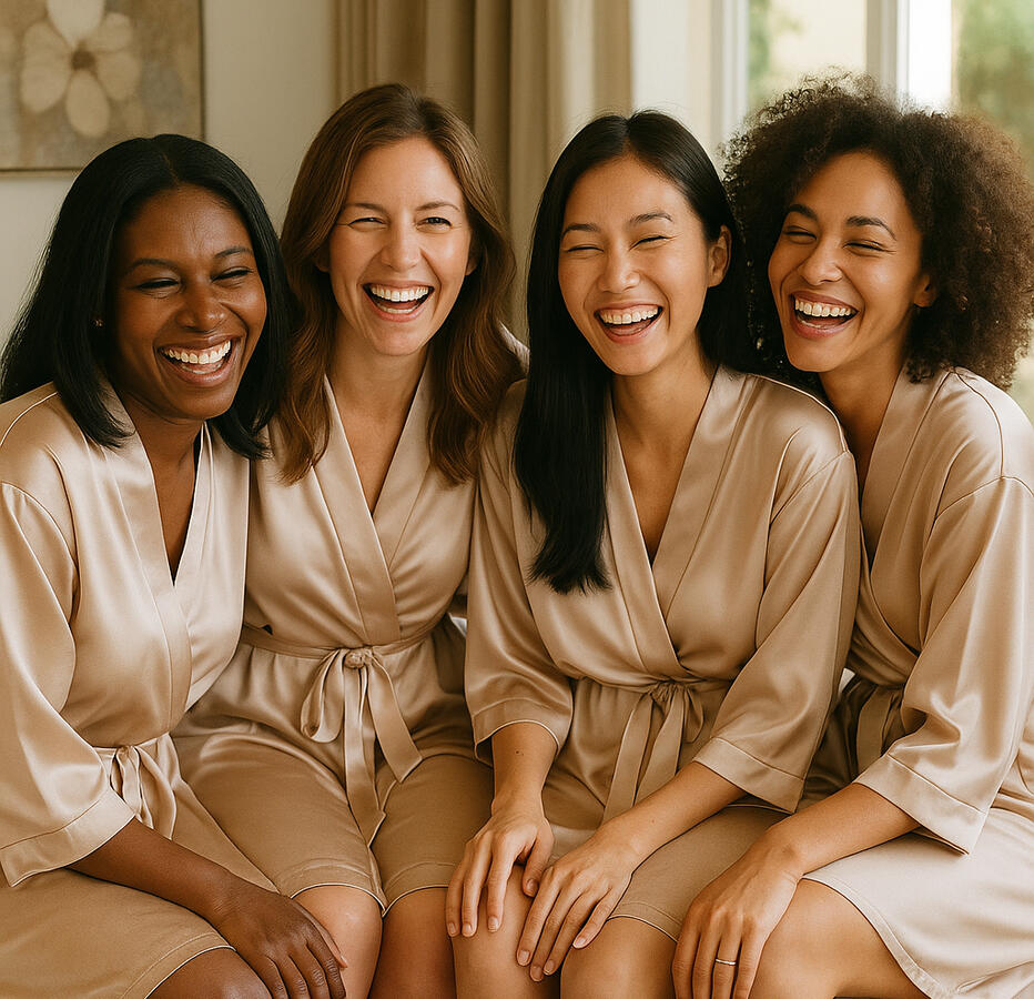 Complimentary gift baskets include silk robes and other assorted goodies.